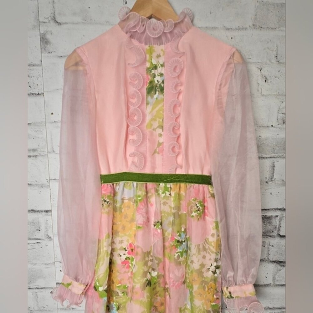 Vintage 60s Sylvia Ann Floral Maxi Dress – Sheer Sleeves & Velvet Trim XS - Picture 3 of 13